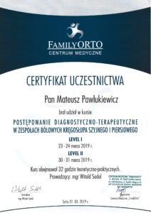 certyfikat Witold Sodel - Kręgosłup szyjno-piersiowy 1 i 2